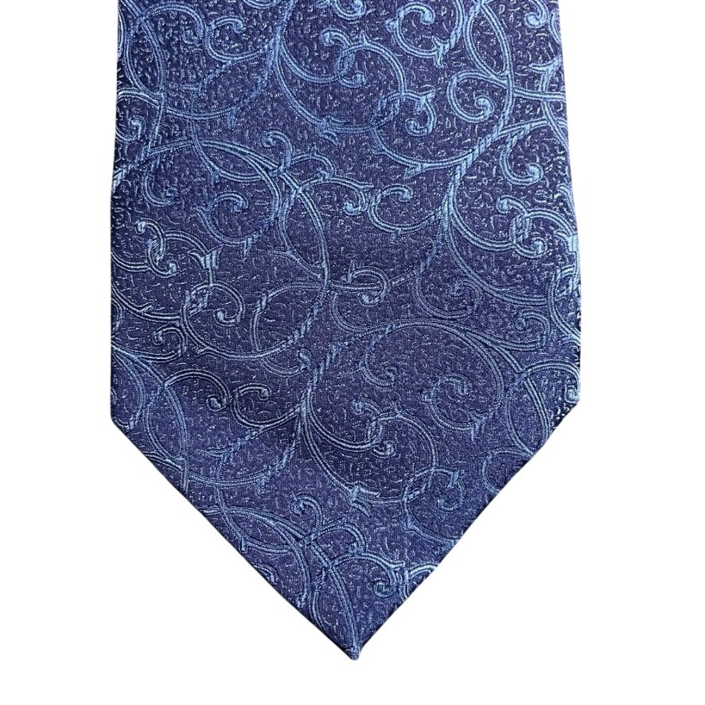 Sean John Mens Silk Necktie Navy Blue Scroll Filigree Jacquard Handmade Tie